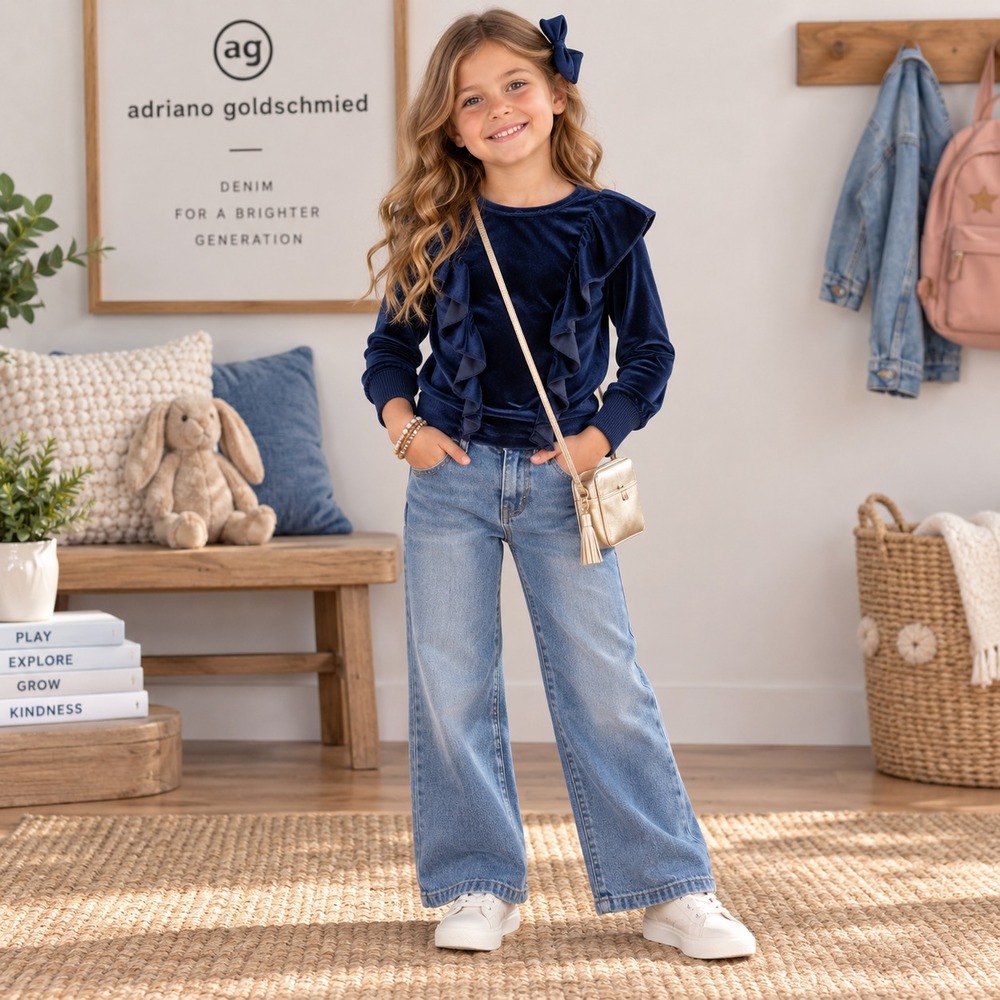 AG ADRIANO GOLDSCHMIED Kids Girls 3T Navy Velvet Ruffle Long Sleeve Top